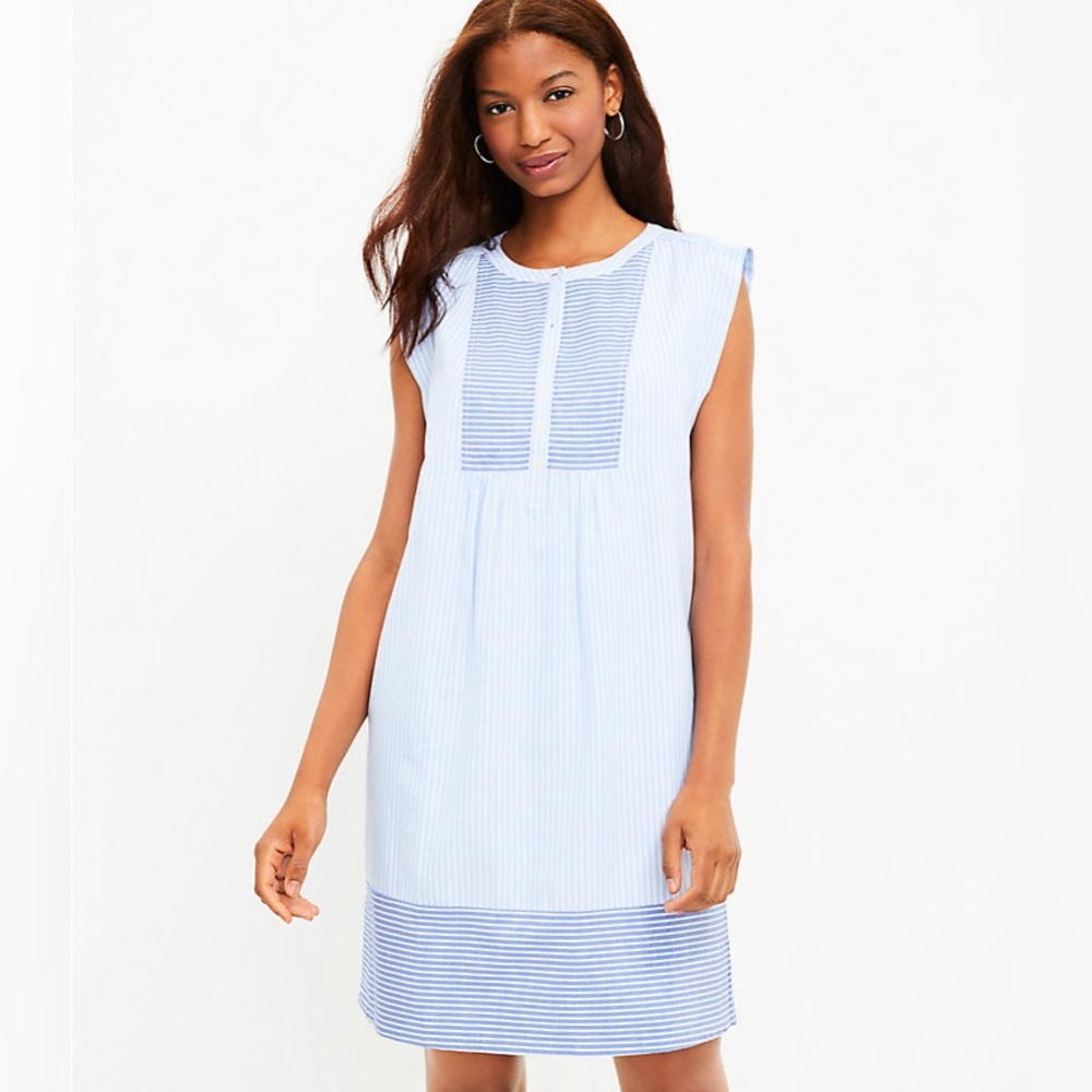 LOFT - Striped Henley Shift Dress - Sky Blue - Size S